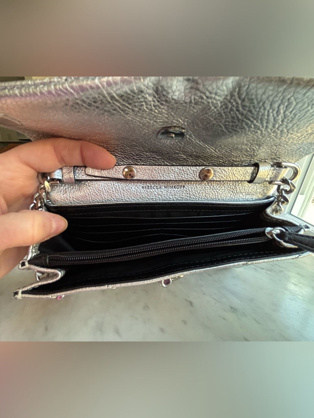 Rebecca Minkoff Silver Quilted Leather Crossbody Bag/Wallet on a Chain - Picture 7 of 16